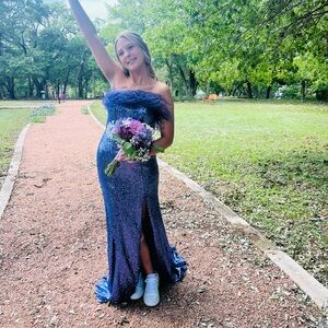 Sherri Hill Blue Sequin Prom Dress